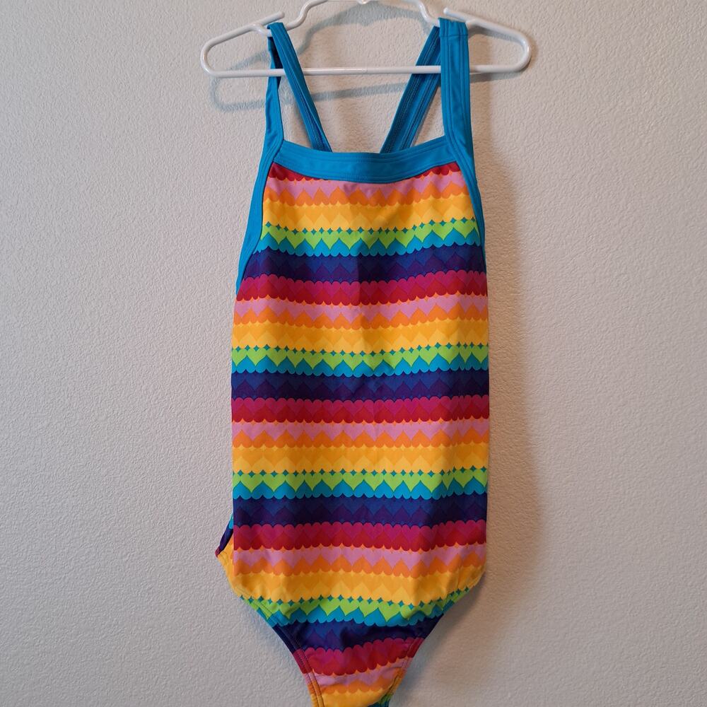 Speedo Girls' Rainbow Heart One Piece multicolor striped blue straps size 14
